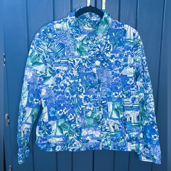 Womens Blue Green Floral Hawaiian Jacket XL Coastal Grandma Core Lagenlook - Picture 1 of 3